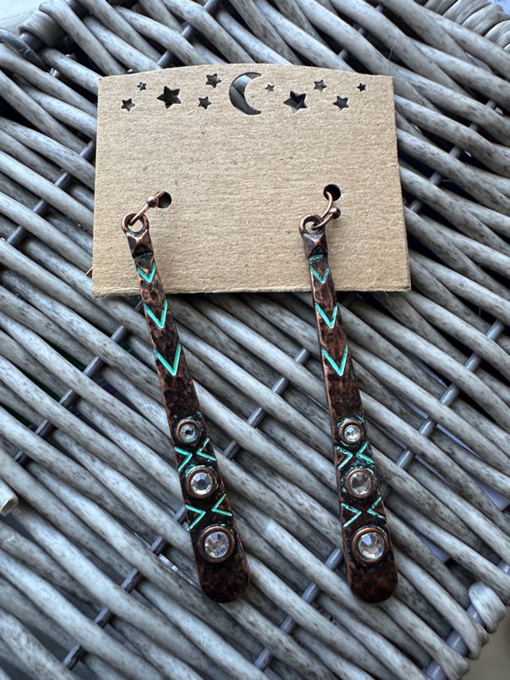 Copper Teardrop Earrings with Turquoise Accents and Clear Stones